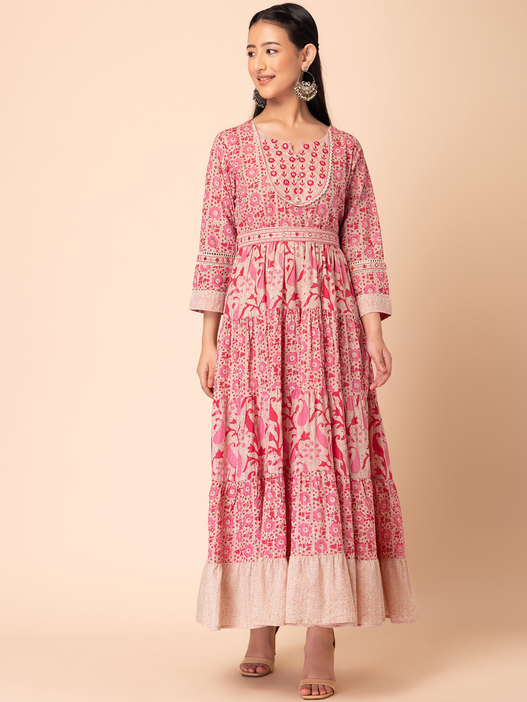 Buy INDYA Floral Printed Anarkali Pure Cotton Kurta With Belt Kurtas