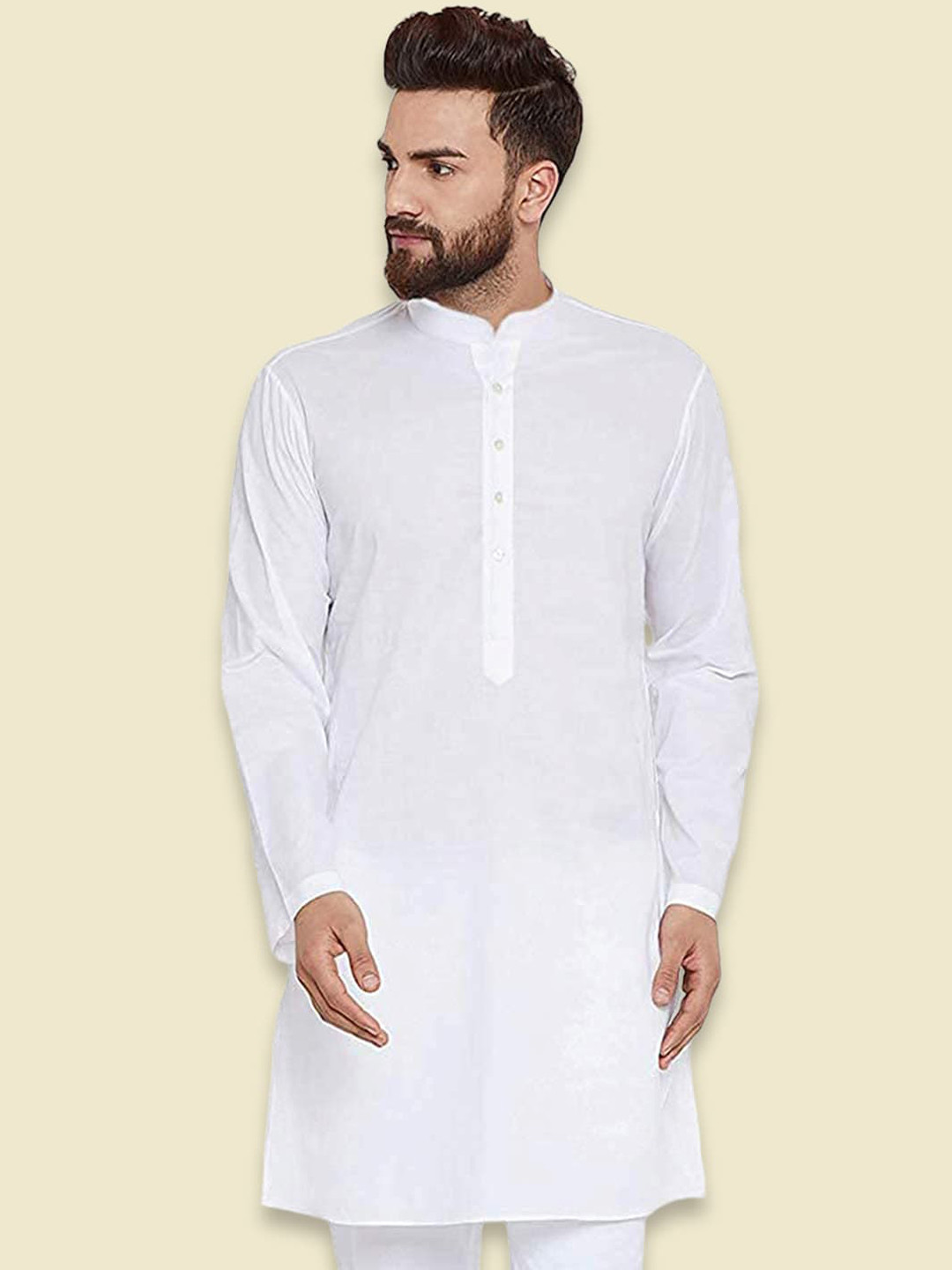 Vastraa Fusion Long Kurta For Men - South Cotton Golden Line Pattern Kurta