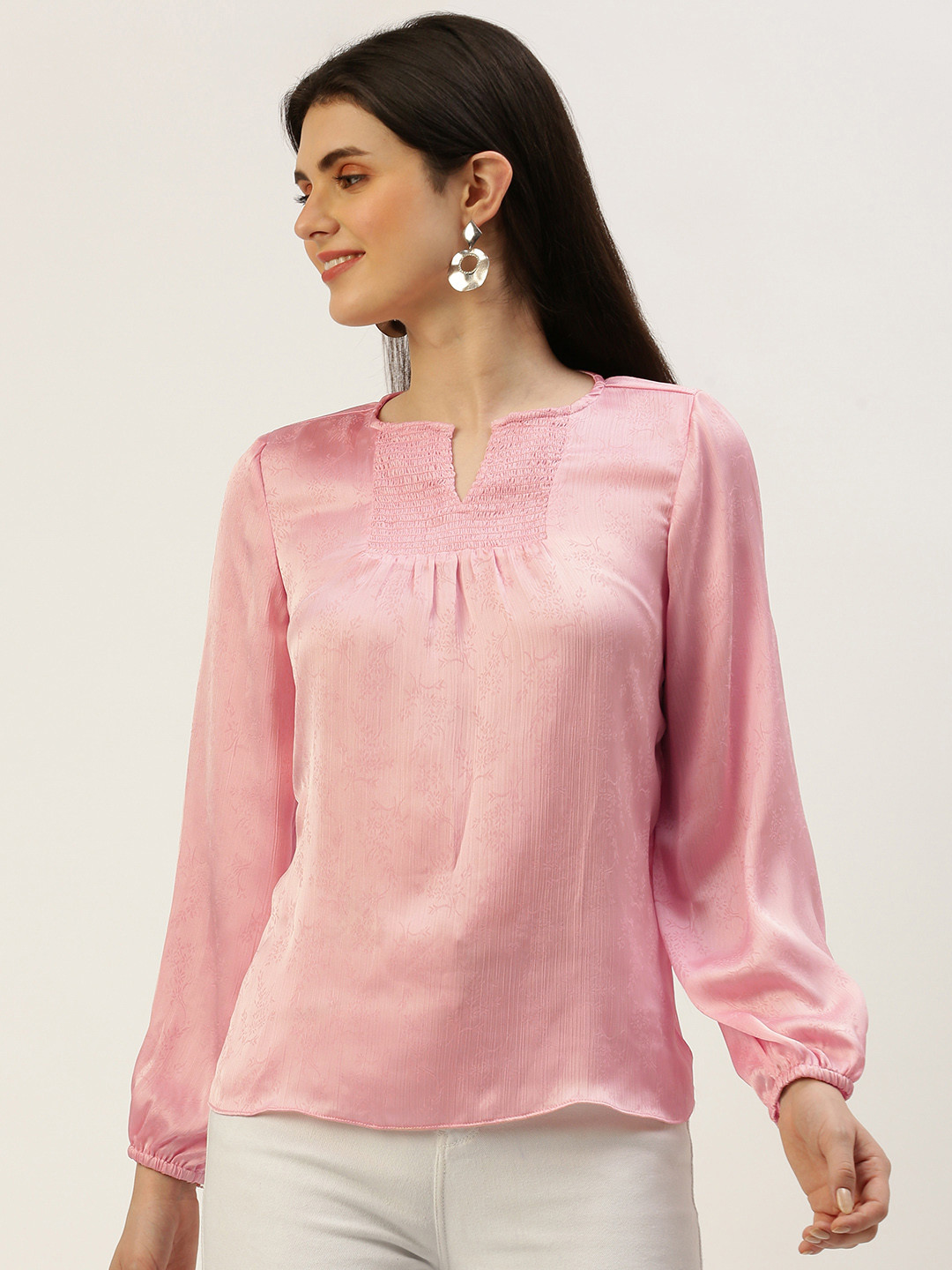 Natilene Checked Puff Sleeves Smocked Pure Cotton Crop Top main image 0