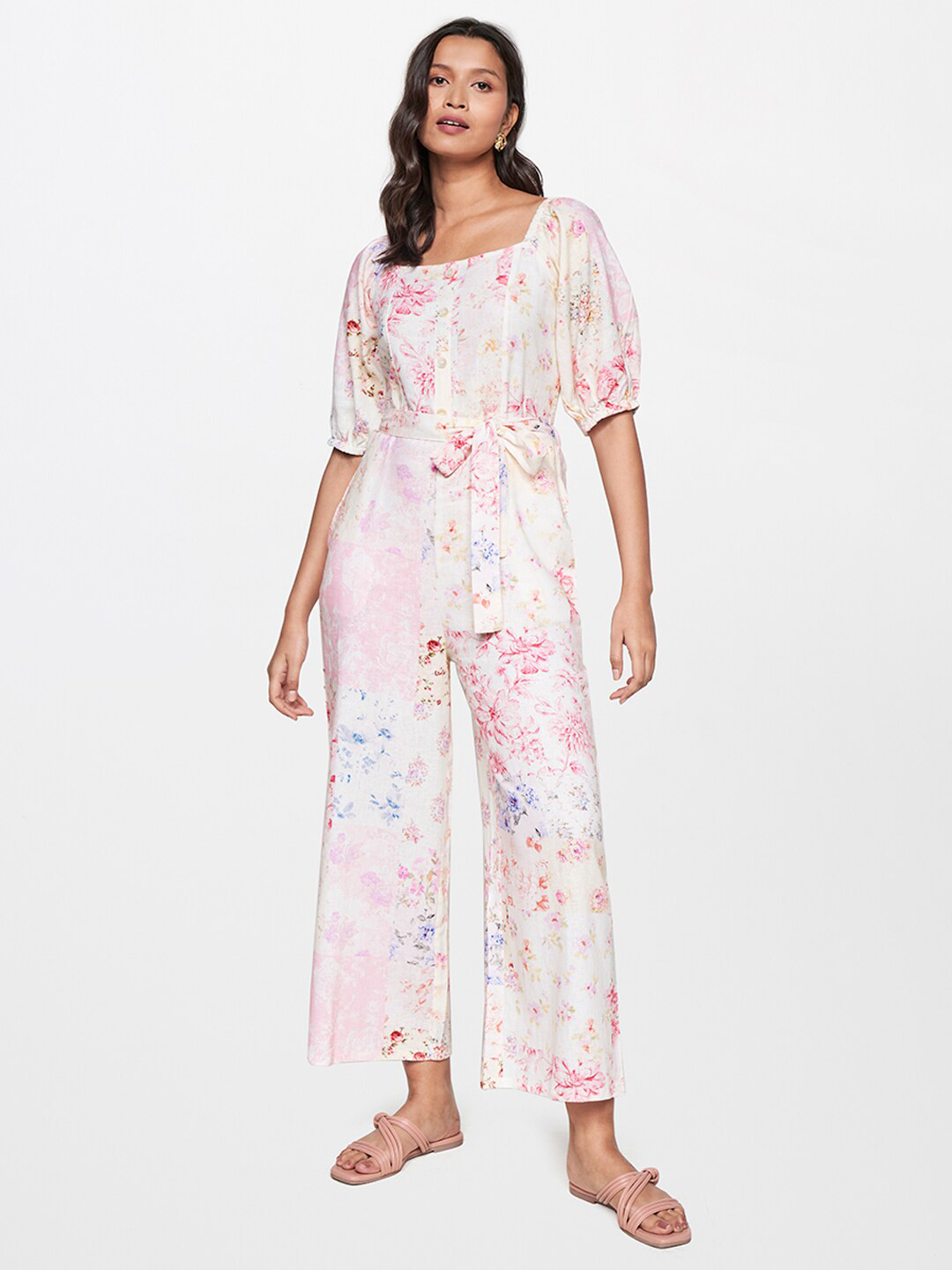 Sera Women Yellow Printed Waist Tie-Ups V-Neck Playsuit Jumpsuit