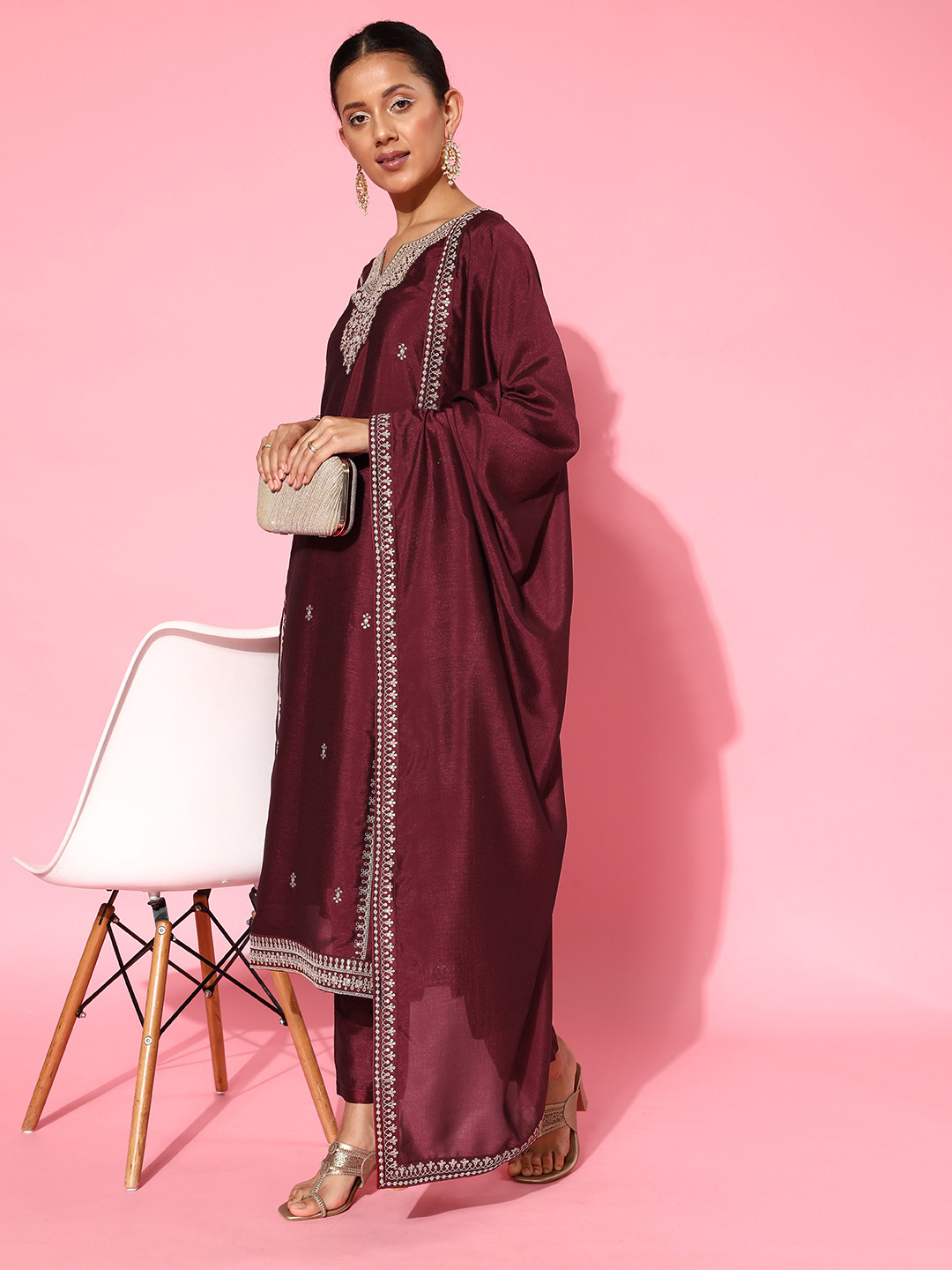 Indiessence Women Maroon Embroidered Kurta Trouser Dupatta