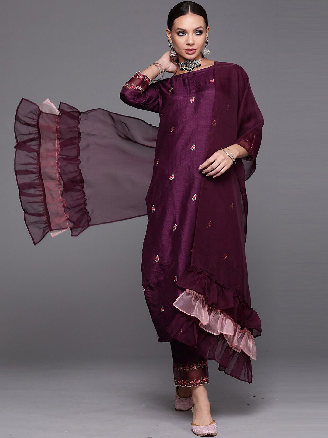Indo Era Purple Embroidered A-Line Kurta Palazzos With Dupatta Set main image 0