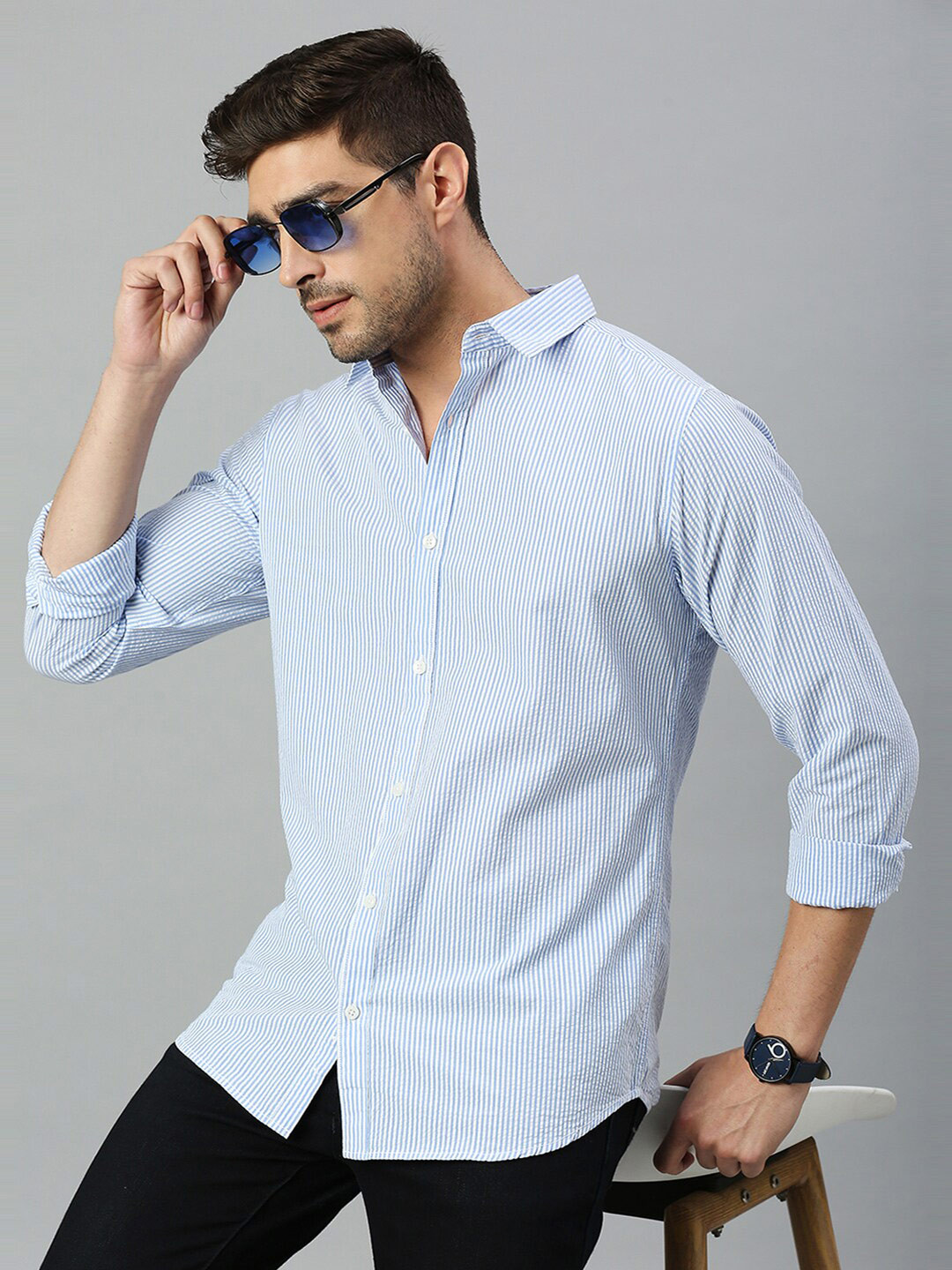 Men's Blue Comfort Spread Collar Cotton Shirt