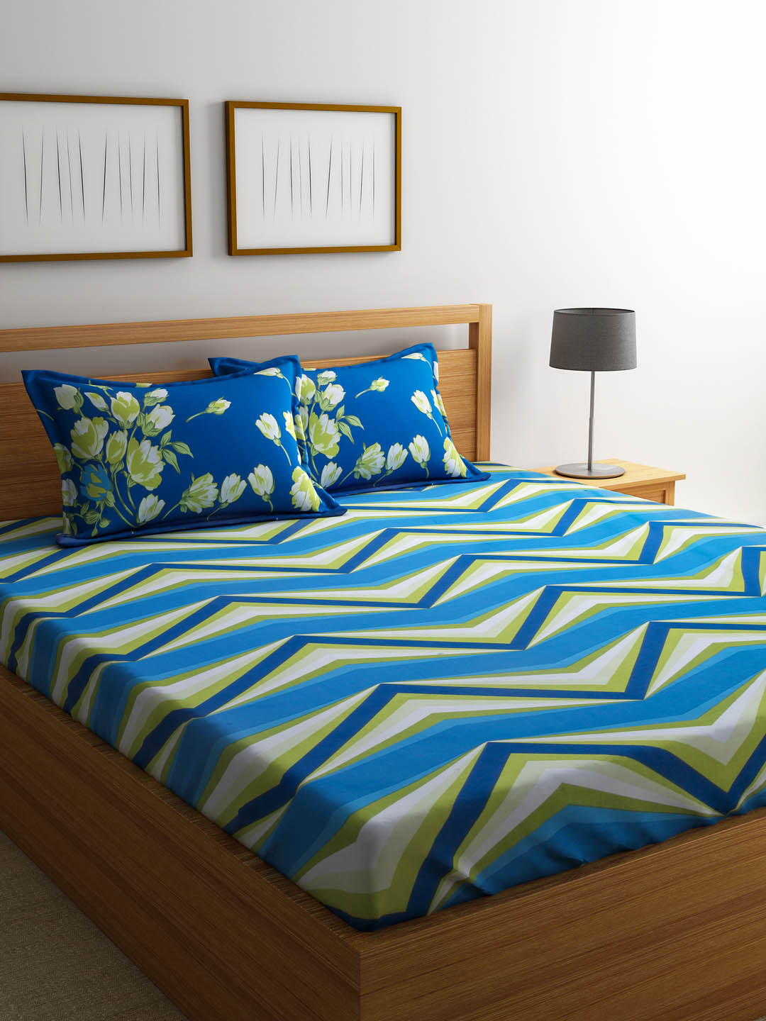 Buy Portico New York Blue & Green Geometric Flat 144 TC Queen Bedsheet