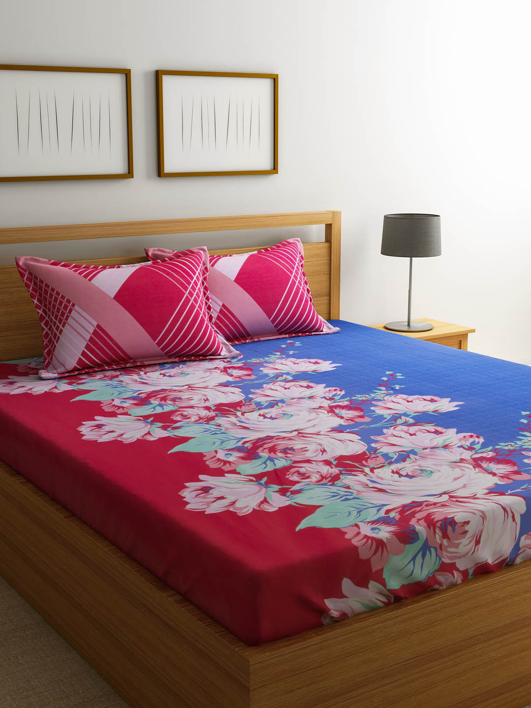 Buy Portico New York Red & Blue Floral Flat 144 TC Queen Bedsheet With