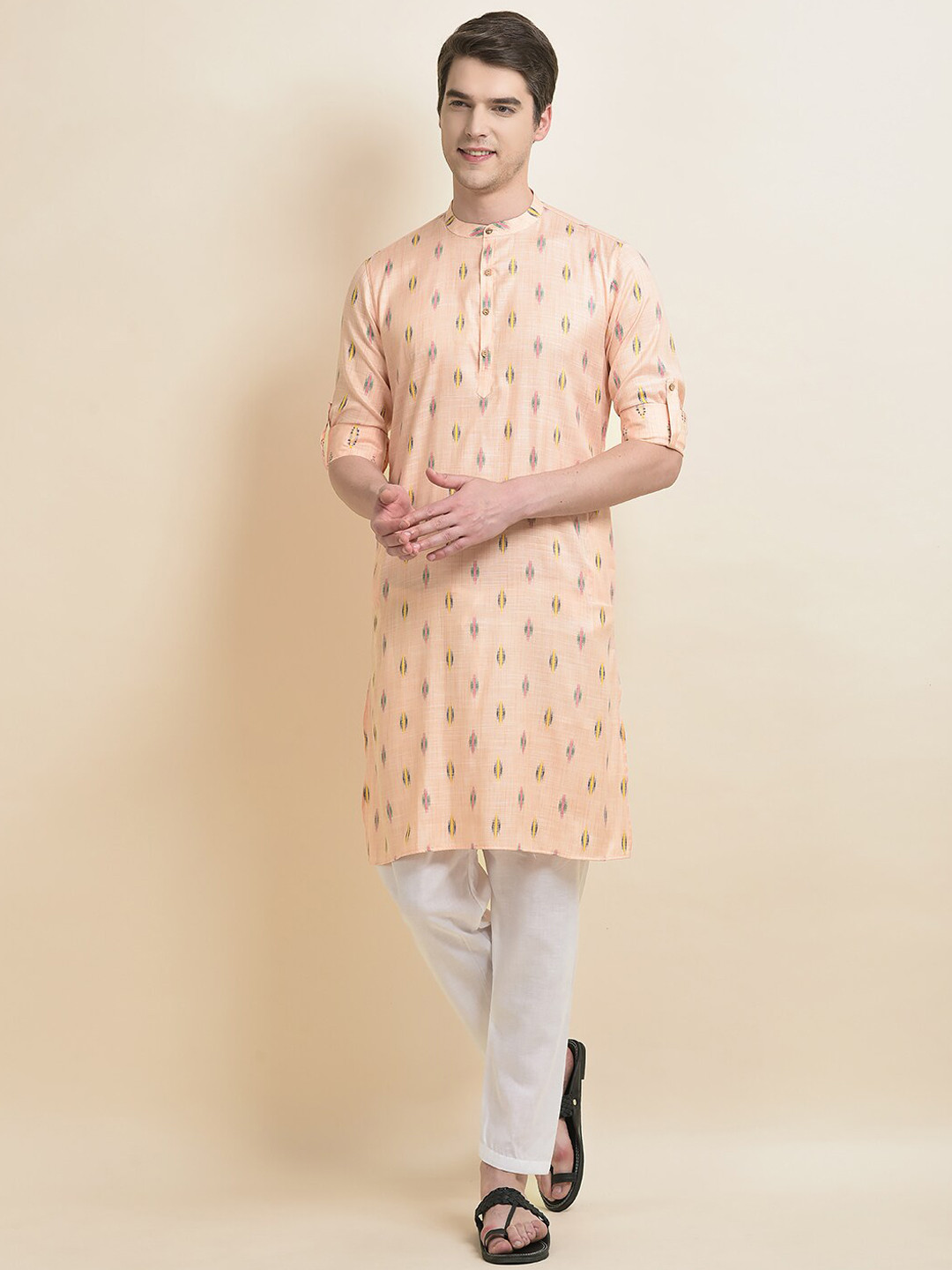 Buy Anouk Orange & White Geometric Woven Design Band Collar Kurta With
