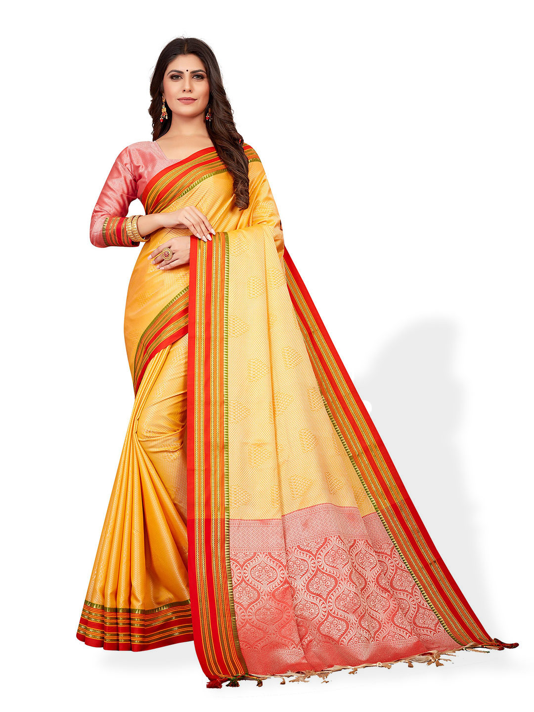 Peach and Bronze Ethnic Motifs Zari Woven Saree main image 1