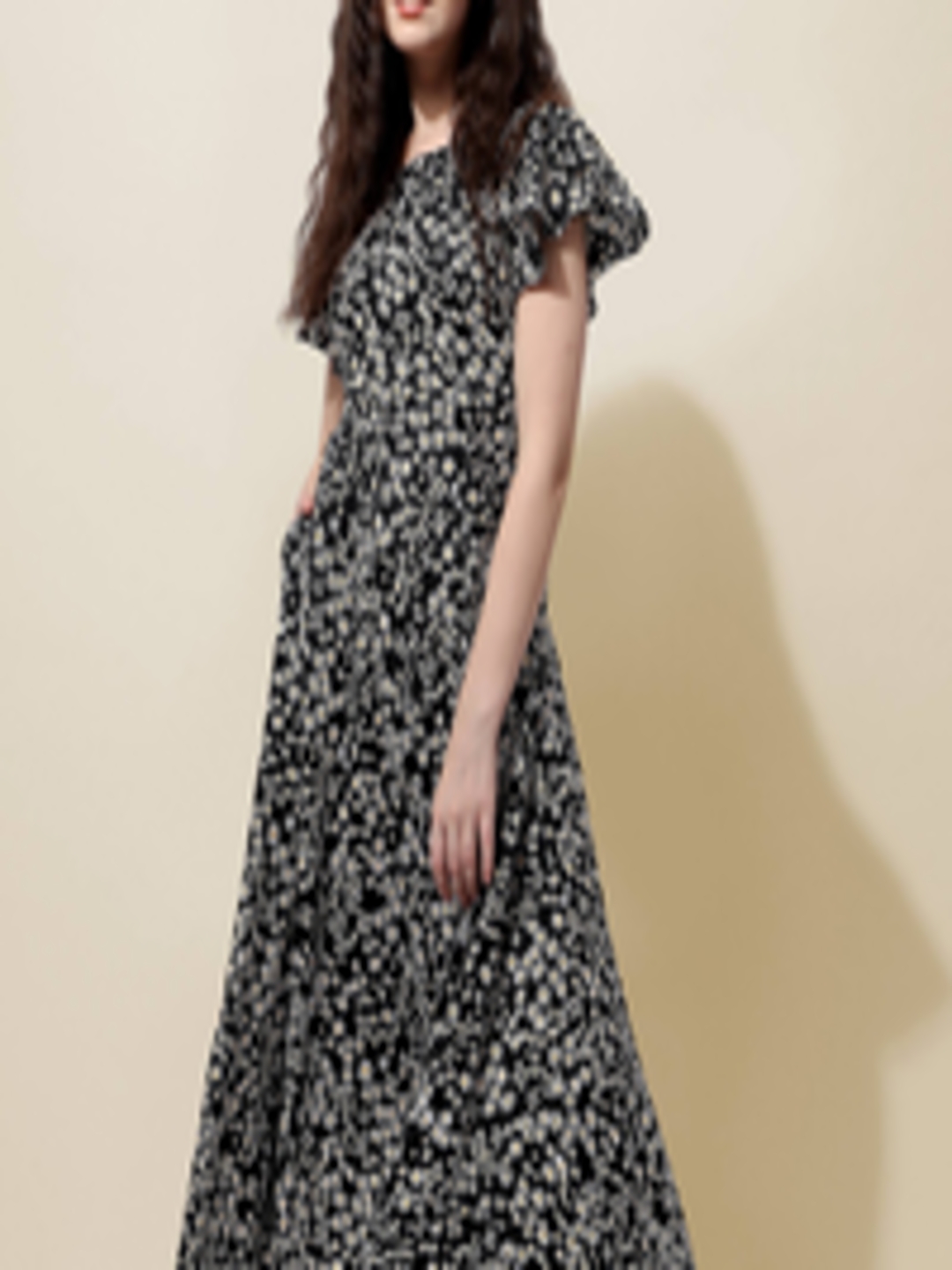 Buy Oomph! Floral Printed Flutter Sleeve Fit & Flare Maxi Dress ...