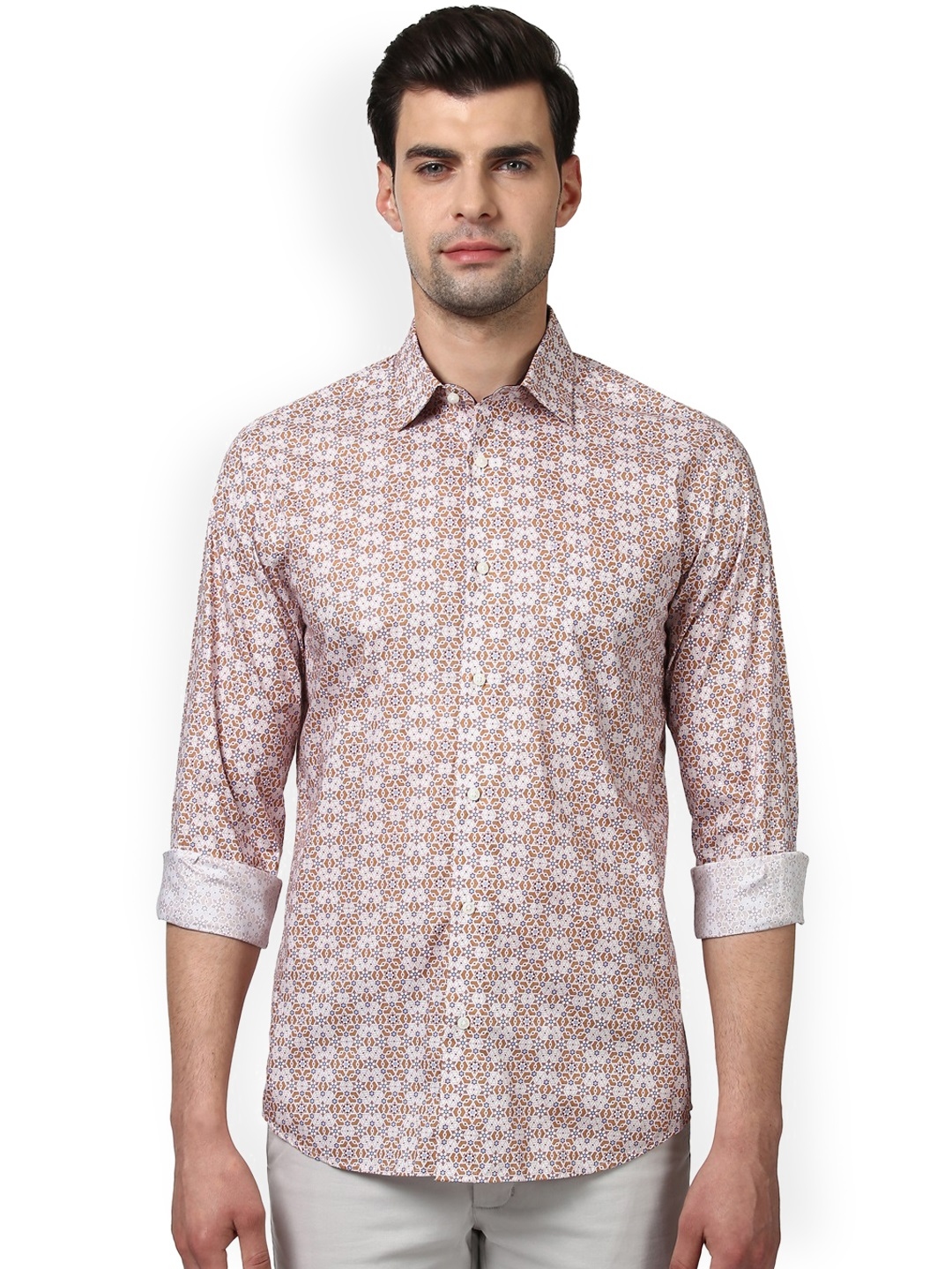 Buy ColorPlus Men Brown & Off White Tailored Fit Printed Casual Shirt ...