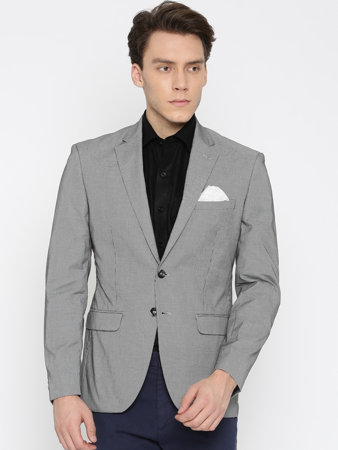 Men's Textured Grey Slim Fit Single Breasted Blazer