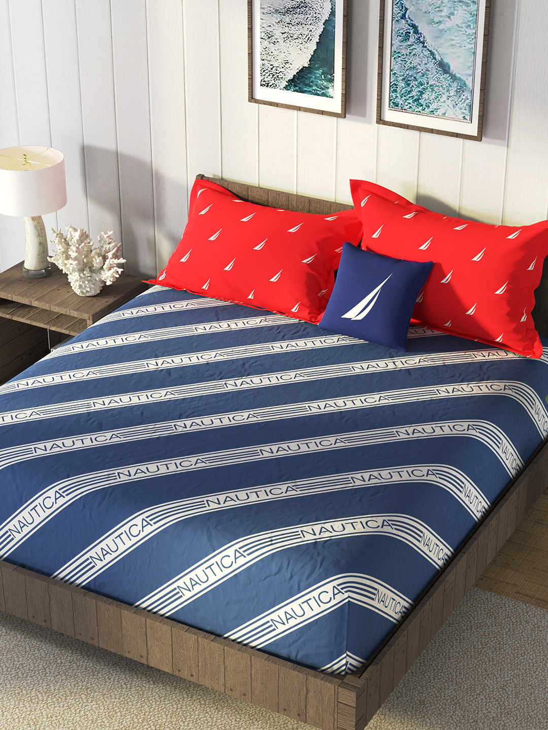 Buy Nautica Blue & Red Striped Cotton 160 TC King Bedsheet With 2