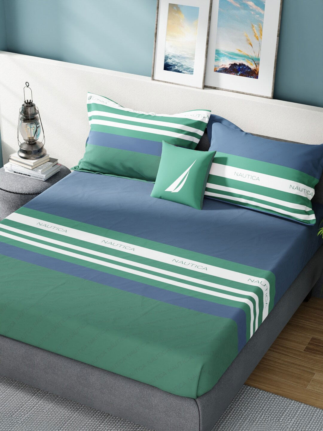 Buy Nautica Bradford Blue & Green Striped 160 TC Pure Cotton King