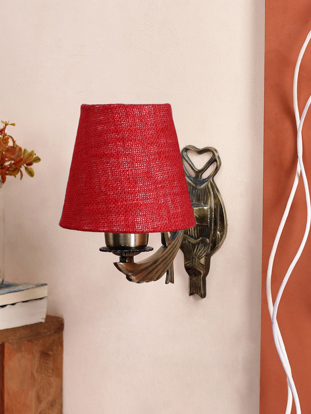 Buy Devansh Maroon Textured Antique Wall Lamp With Cotton Conical Shade