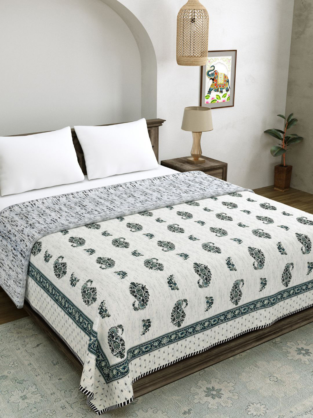 Buy LIVING ROOTS White & Grey Ethnic Motifs AC Room 210 GSM Reversible