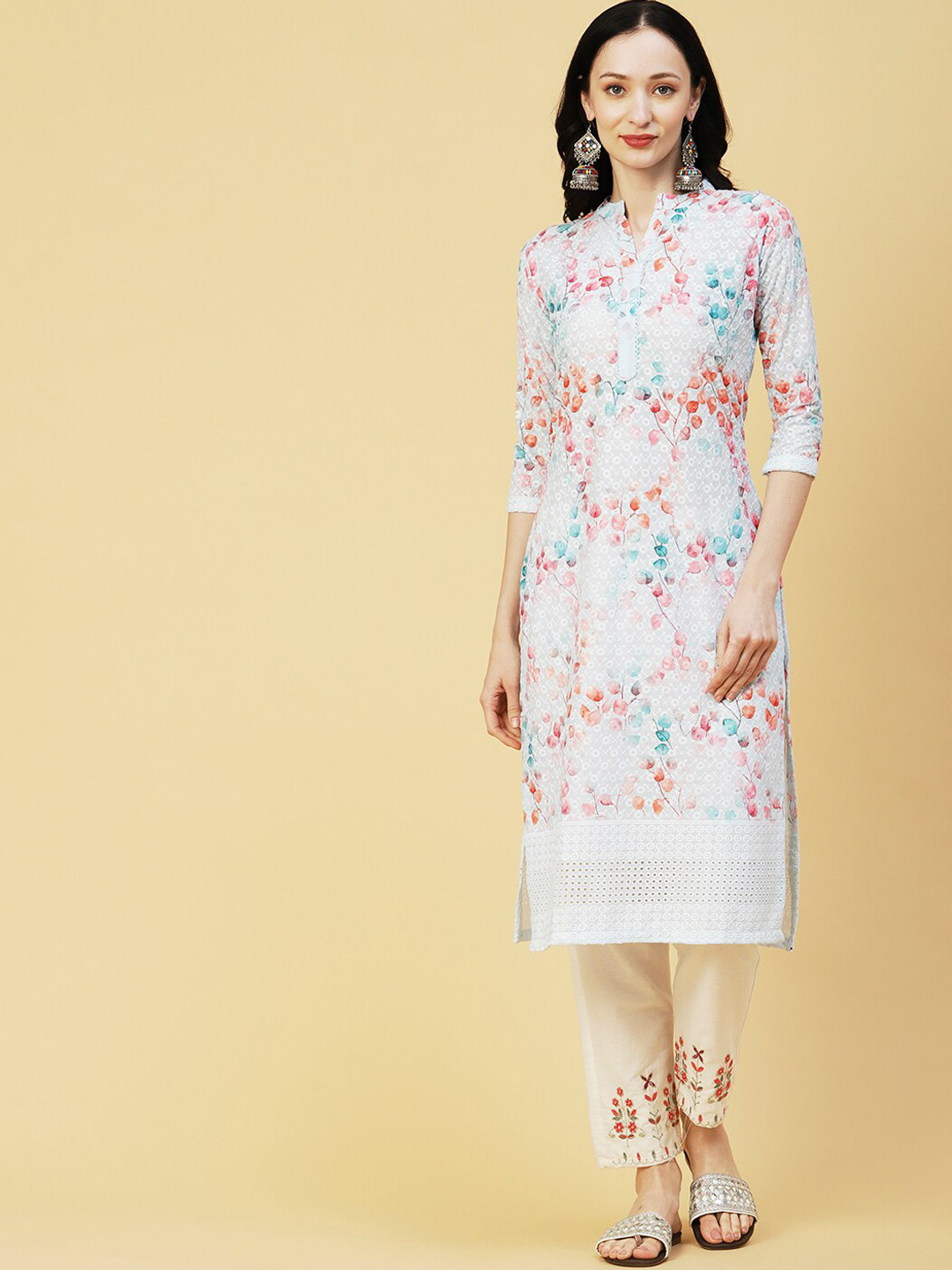 Buy FASHOR White & Blue Floral Printed Mandarin Collar Thread Work