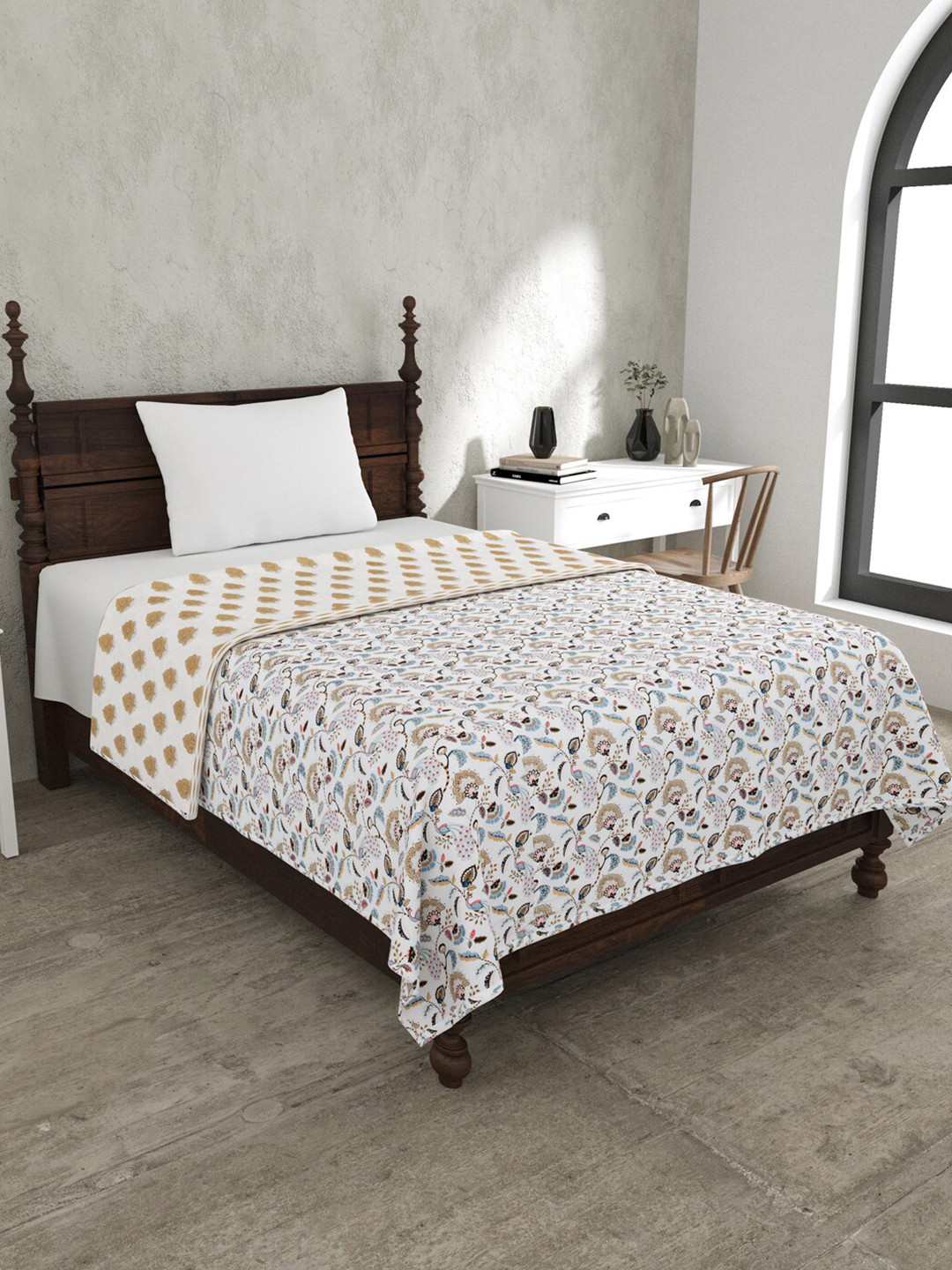 Buy JAIPUR FABRIC White & Blue Floral Mild Winter 120 GSM Single Bed