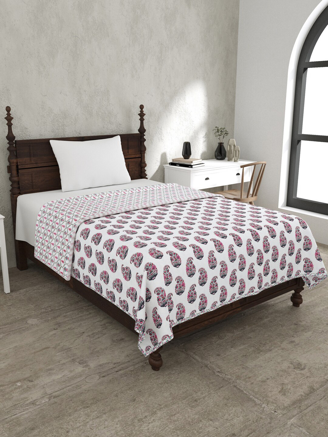 Buy JAIPUR FABRIC White & Pink Ethnic Motifs Mild Winter 120 GSM Single