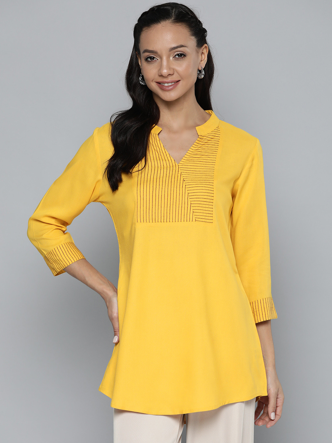 Buy HERE&NOW Yoke Design V Neck Thread Work Kurti Kurtis for Women