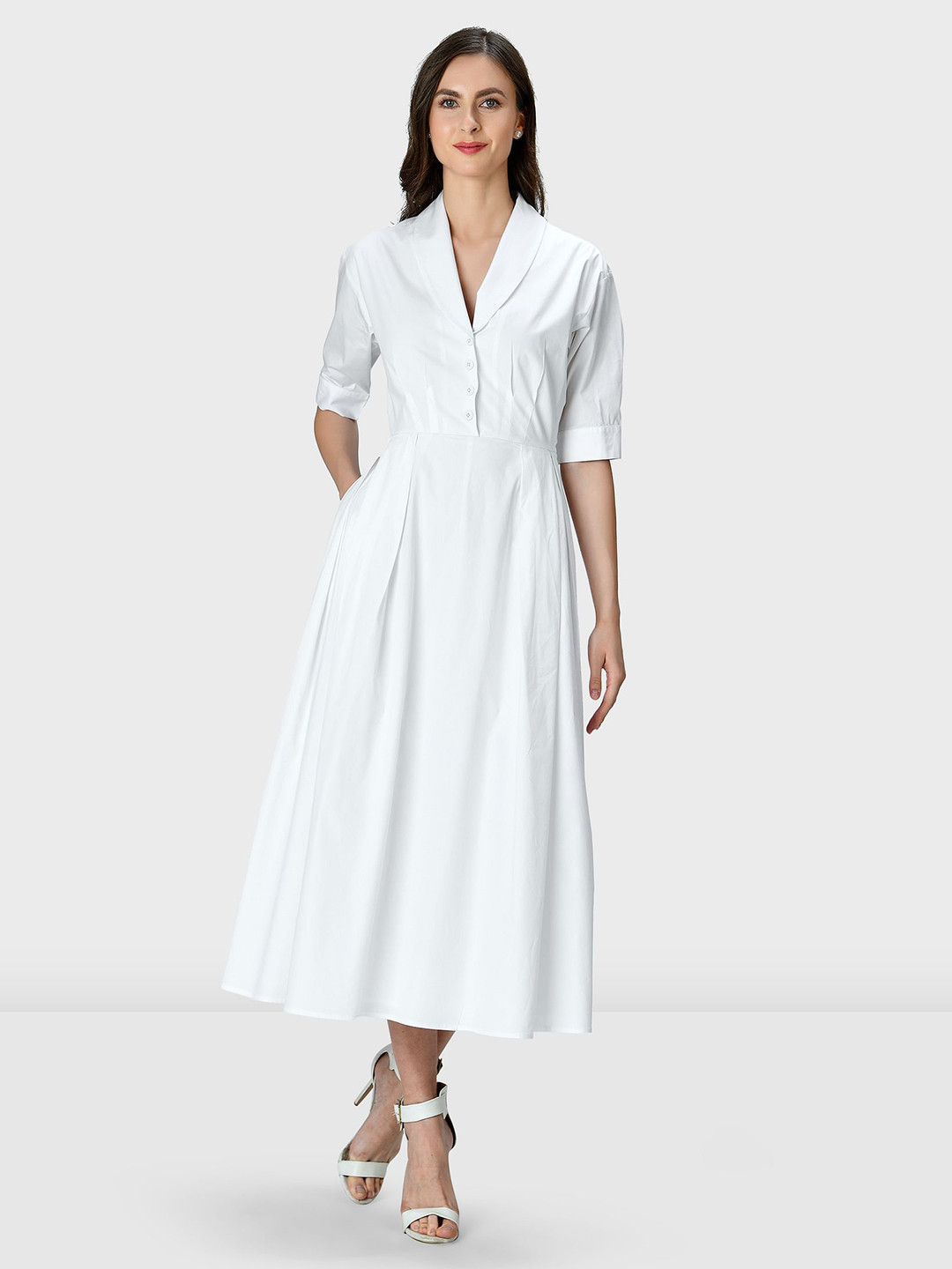 Buy Zapelle V Neck Cuffed Cotton Fit & Flare Midi Dress - Dresses for ...