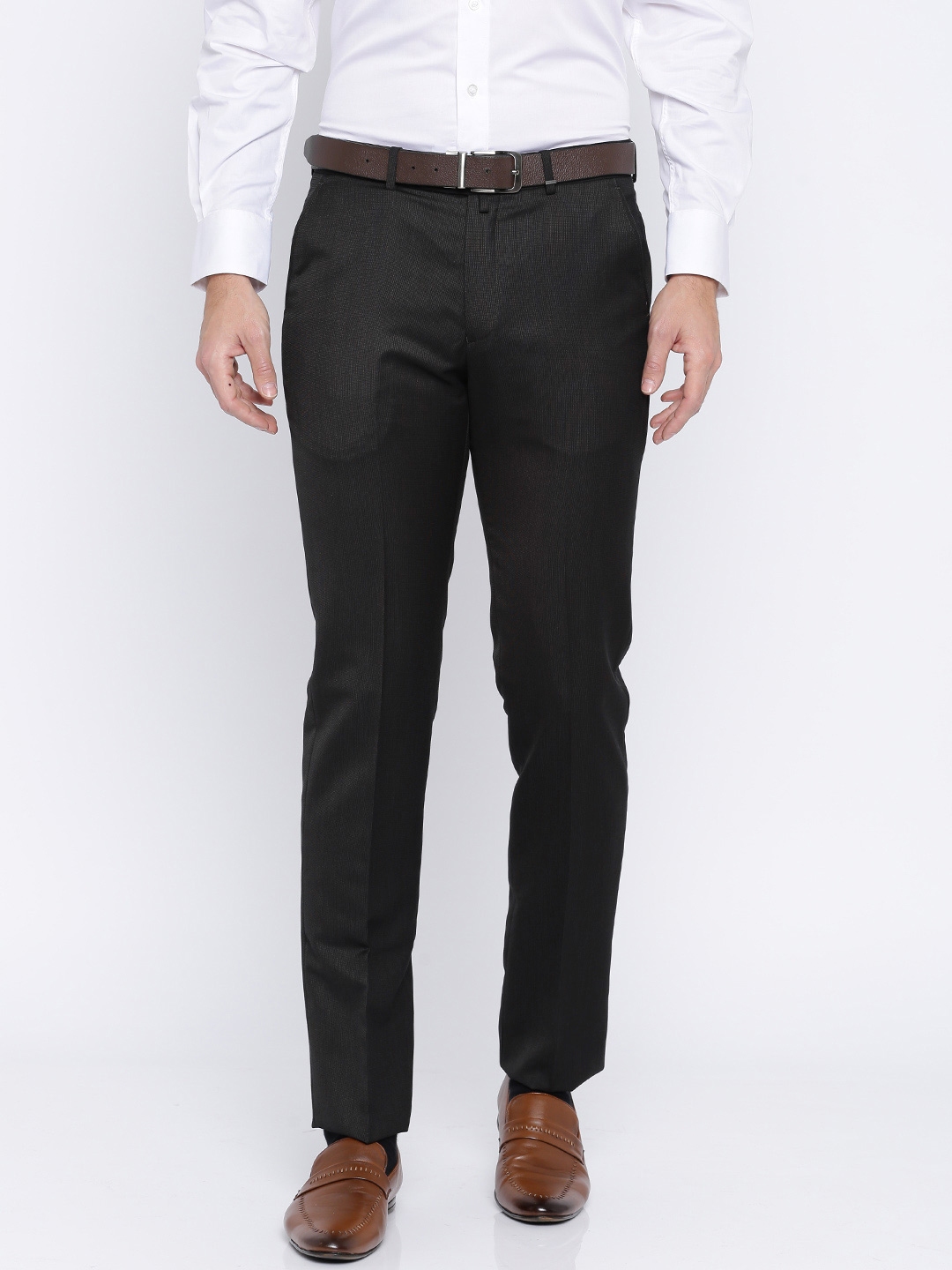 Buy Peter England Men Black Slim Fit Self Design Formal Trousers ...