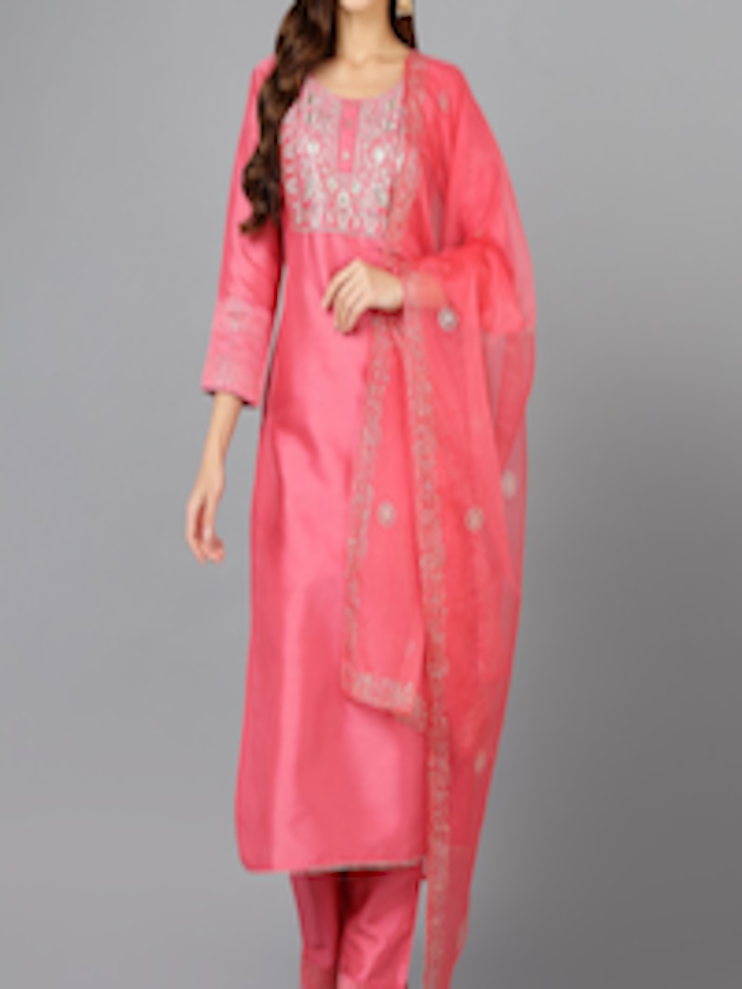 Buy AHIKA Pink & Gold Toned Floral Embroidered Gotta Patti Kurta With ...