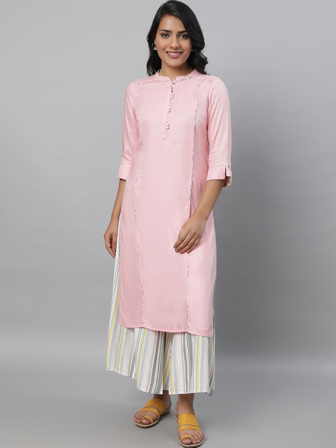 Buy AURELIA Mandarin Collar Regular Kurta With Palazzos Kurta Sets