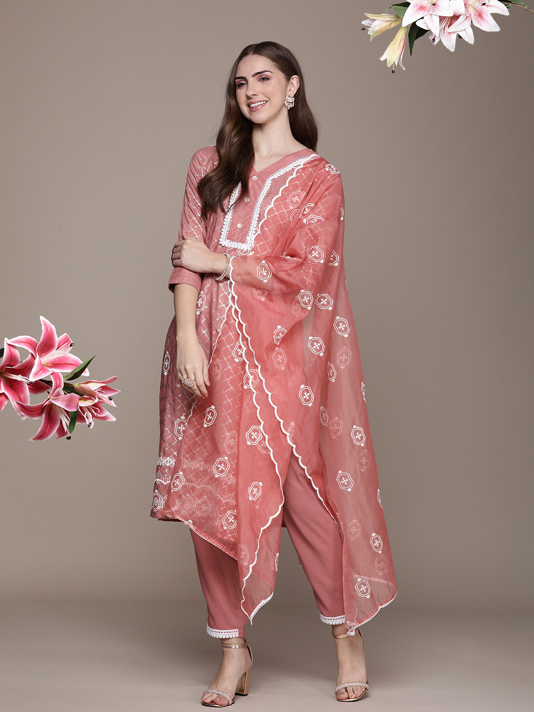 Women Mauve Embroidered Straight Kurta Trousers With Dupatta Set