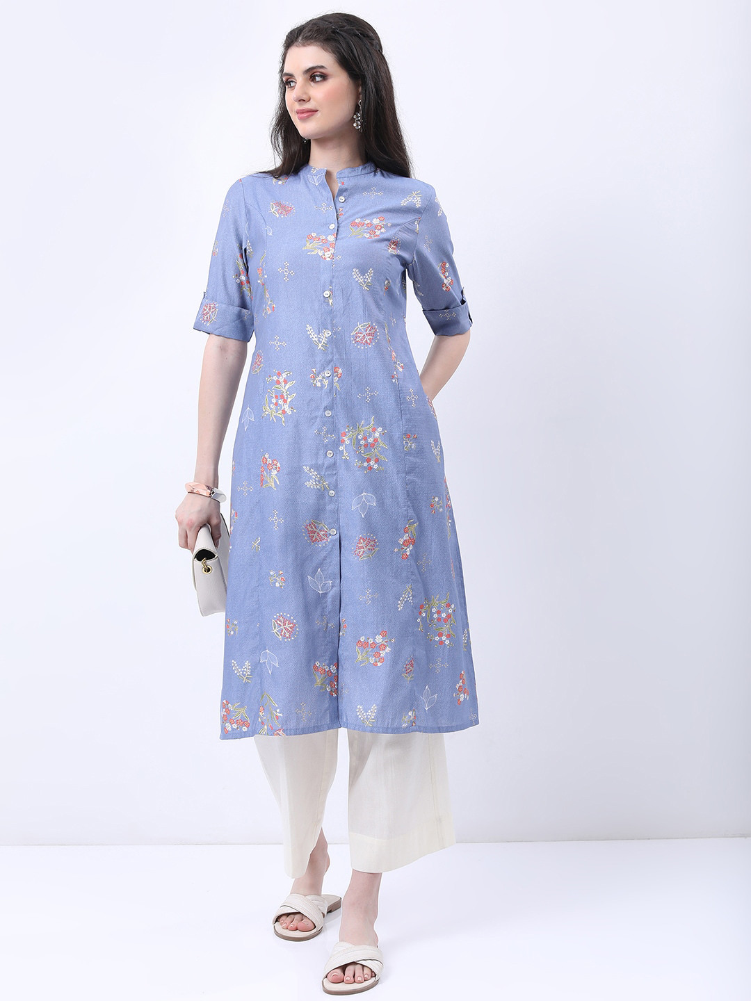 Buy KETCH Mandarin Collar Floral Printed Roll Up Sleeves A Line Kurta