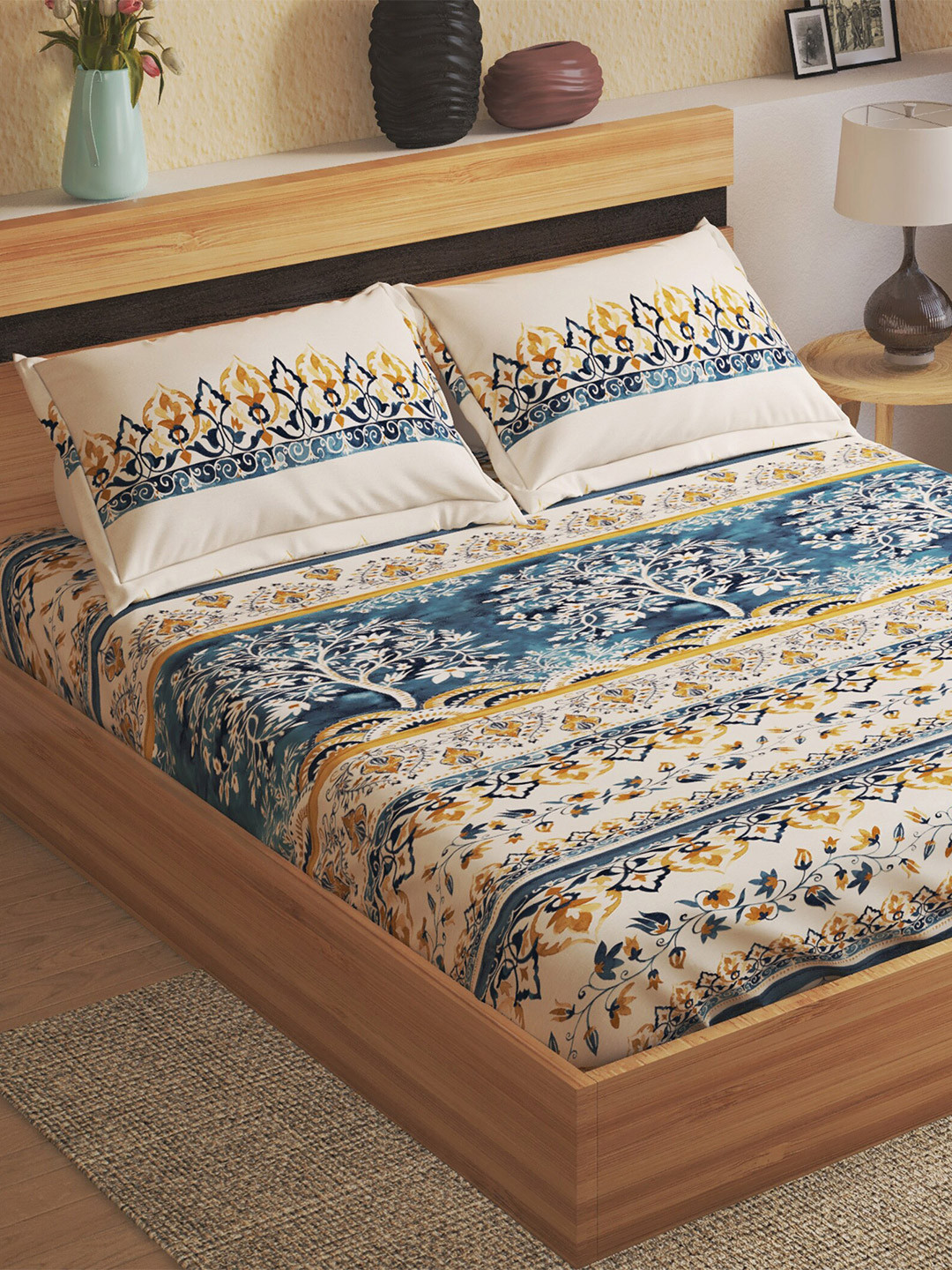 Buy Home Centre Blue & White Geometric Cotton 144 TC 3 Pcs King