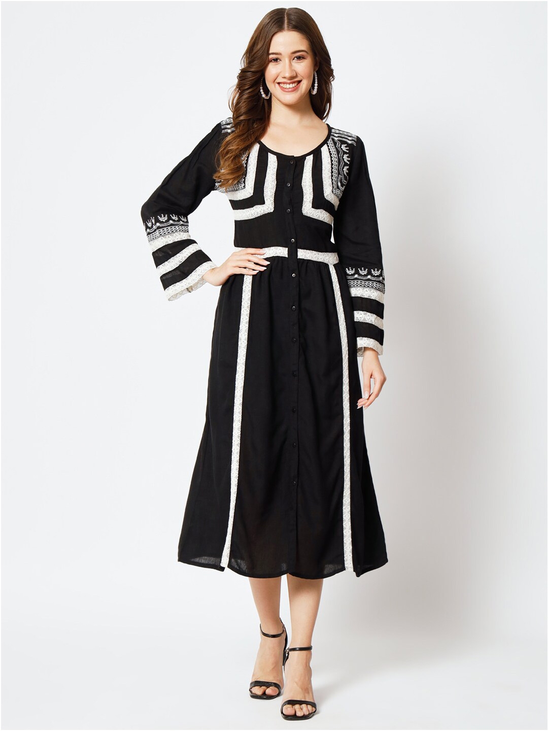 Buy HERE NOW Black Floral Embroidered A Line Midi Dress Dresses for