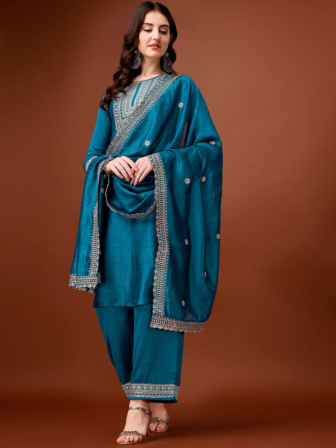 Ethnic Motifs Embroidered Zari Work Kurta With Palazzos & Dupatta