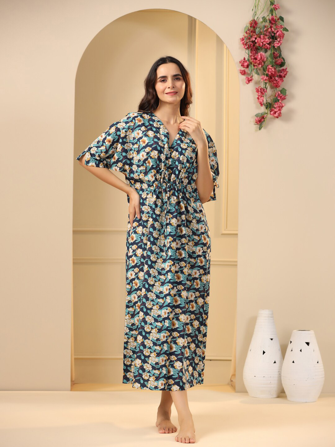Navy Blue-Colored PV Pleated Nightdress