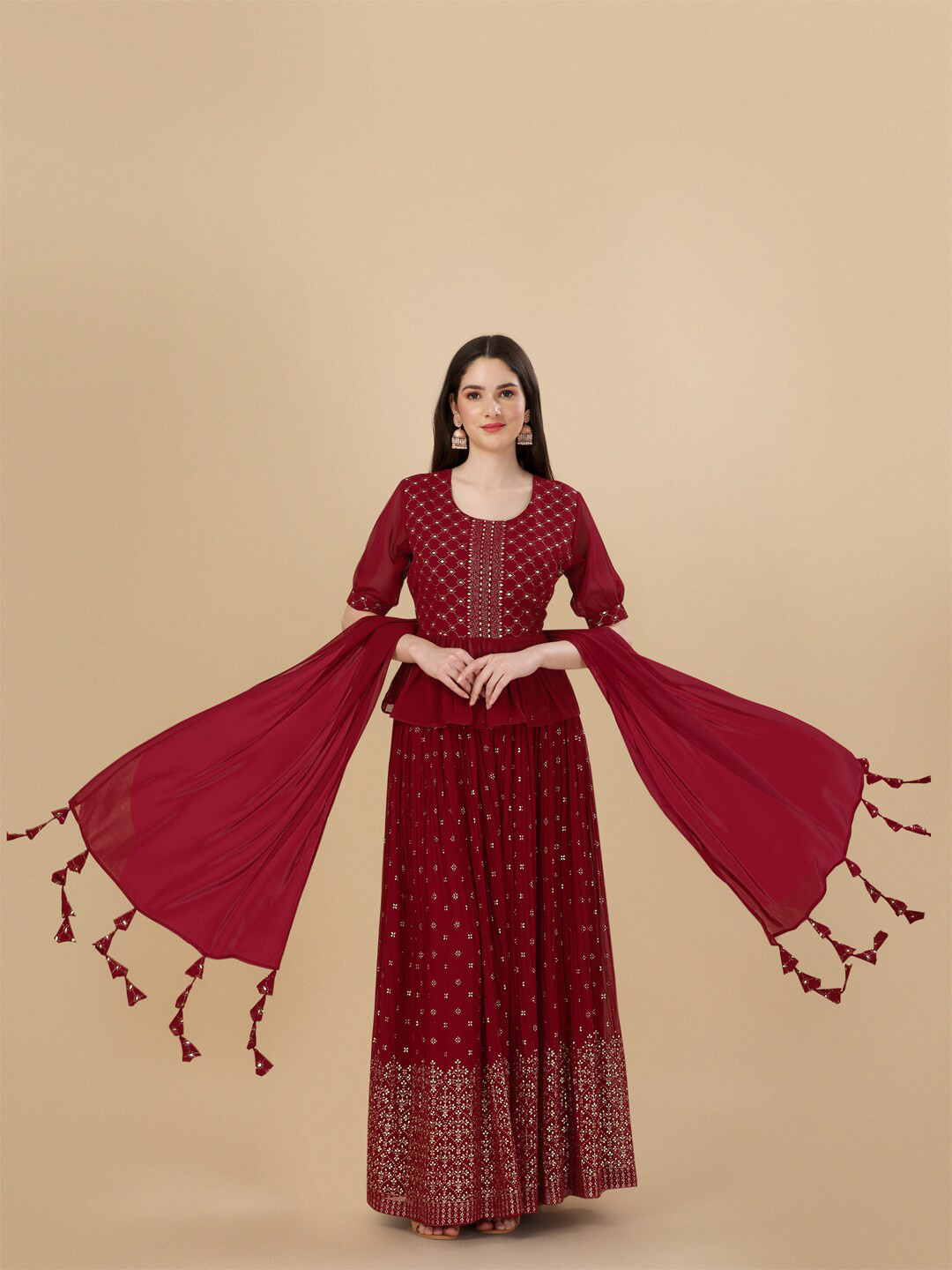 Buy PMD Fashion Ethnic Motifs Printed Pleated Puff Sleeves Top With Skirt & Dupatta Kurta Sets