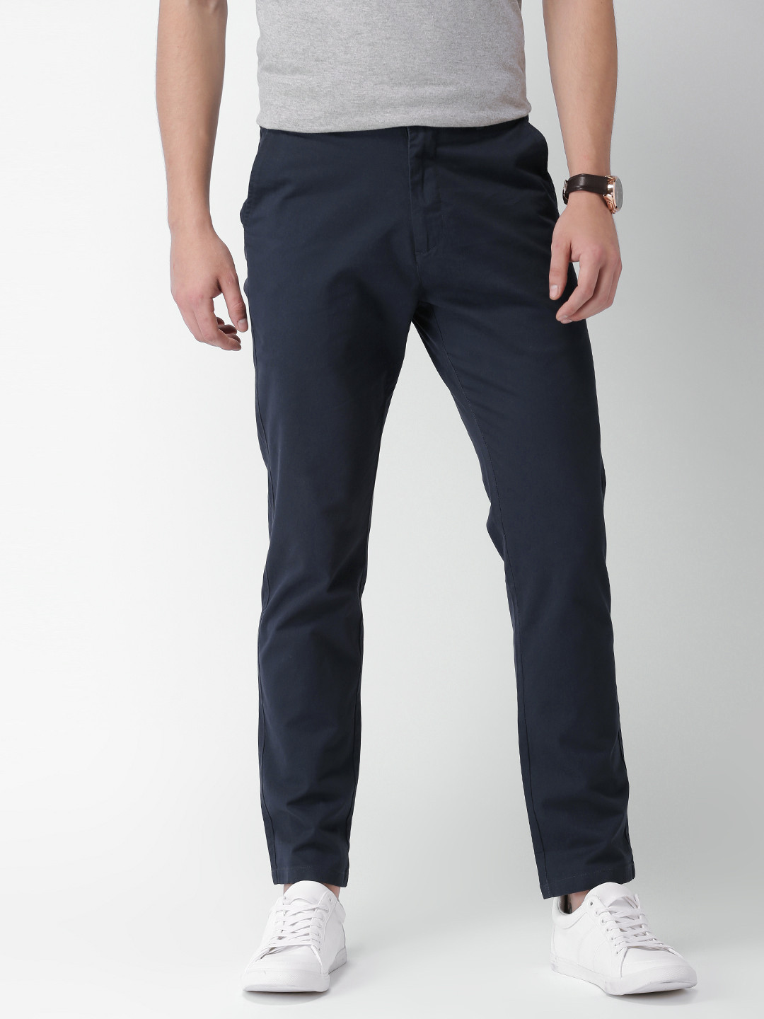 Buy Mast & Harbour Men Navy Blue Slim Fit Solid Chinos - Trousers for ...