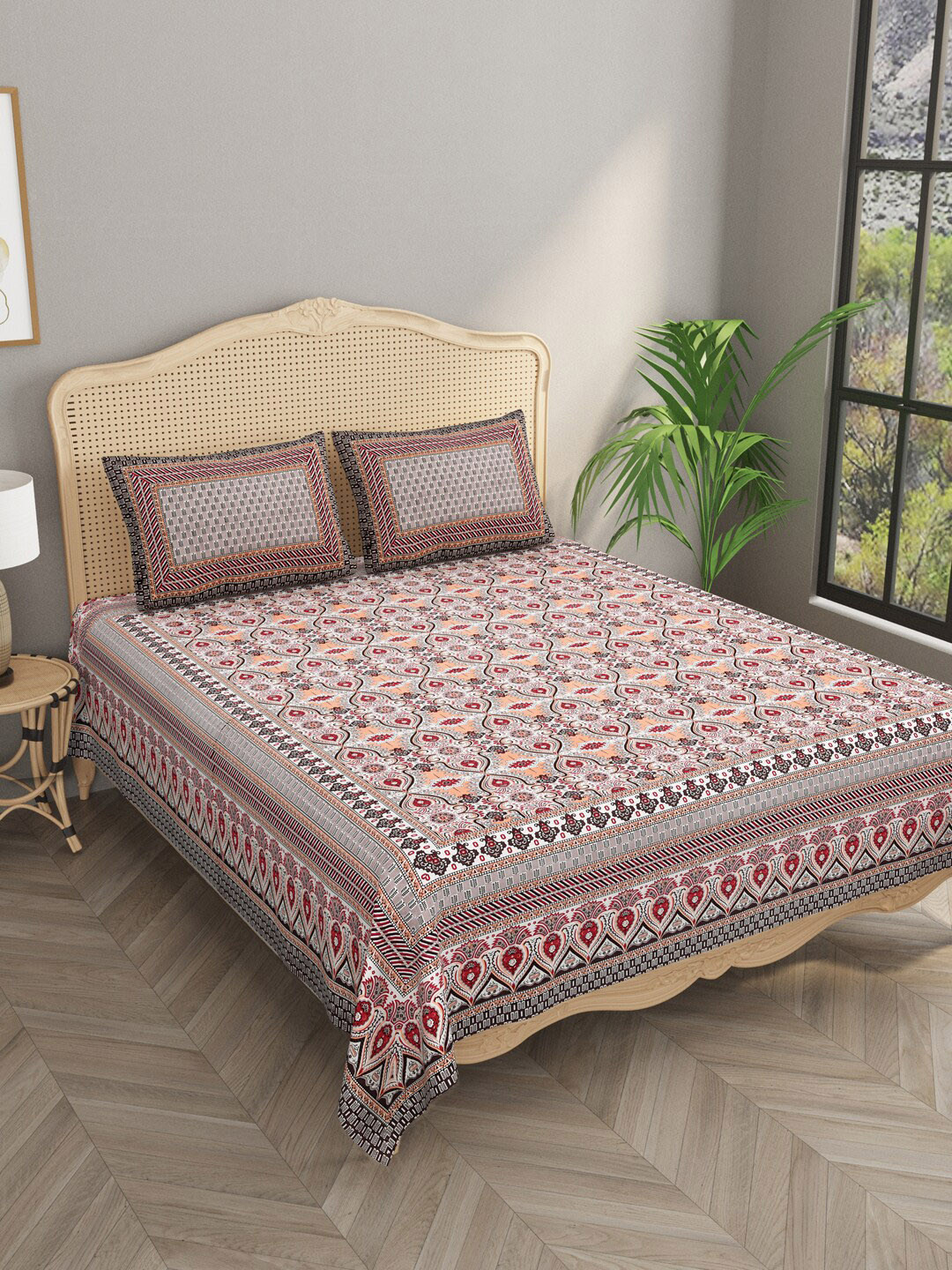 Buy Gulaab Jaipur Maroon Ethnic Motifs Cotton 400 TC King Bedsheet With
