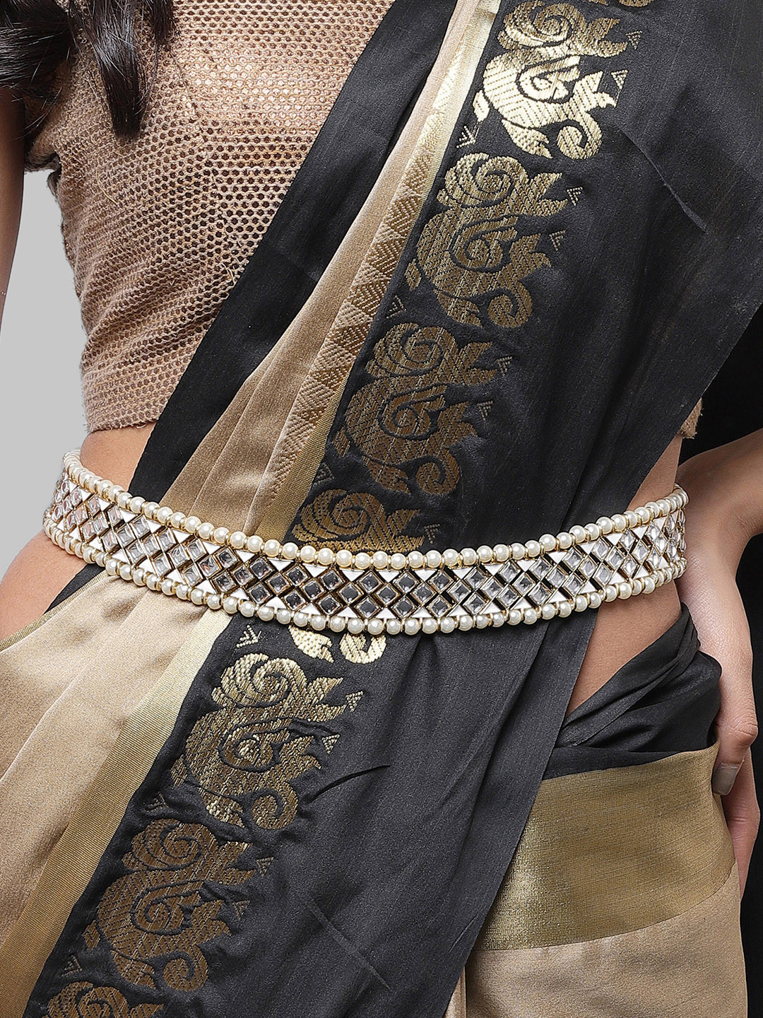 18K Gold Plated Traditional Ethnic Kundan Studded Adjustable Pearl Kamarband/Belly Chain/Kandora/Wait Belt For Women