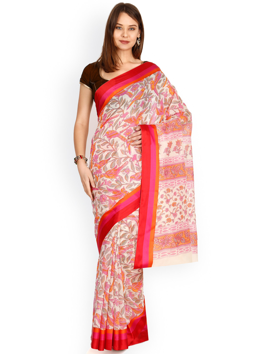 Buy The Chennai Silks Classicate Cream Coloured & Pink Pure Cotton