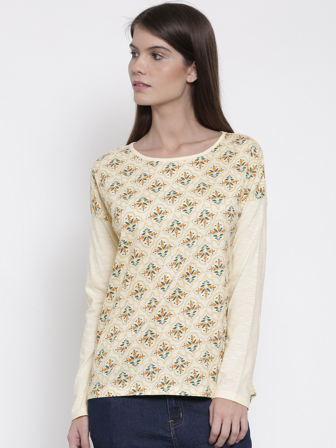 Buy People Women Cream Printed Round Neck Pure Cotton T Shirt Tshirts