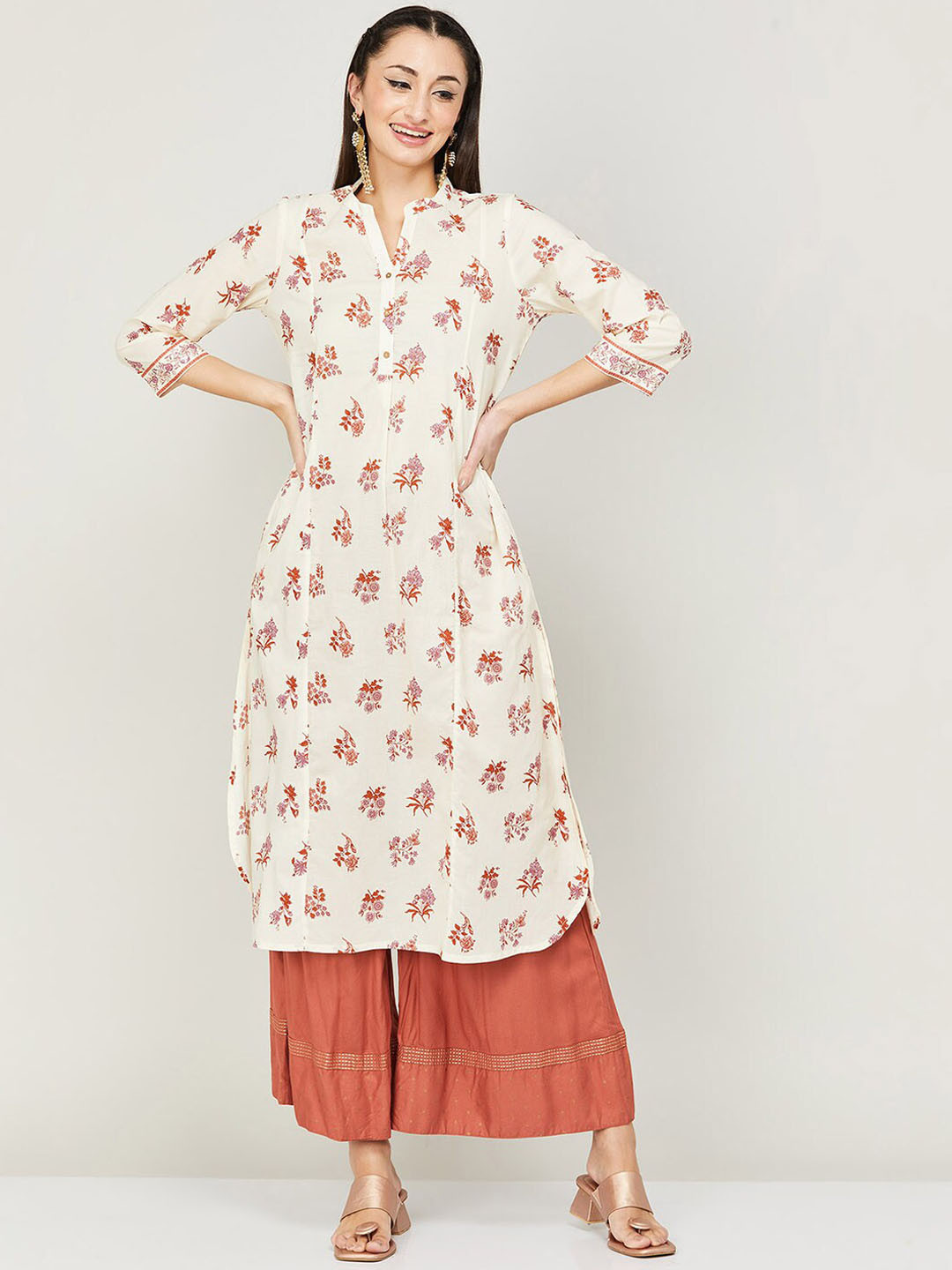 Buy Melange By Lifestyle Mandarin Collar Floral Printed Curved Hem Pure