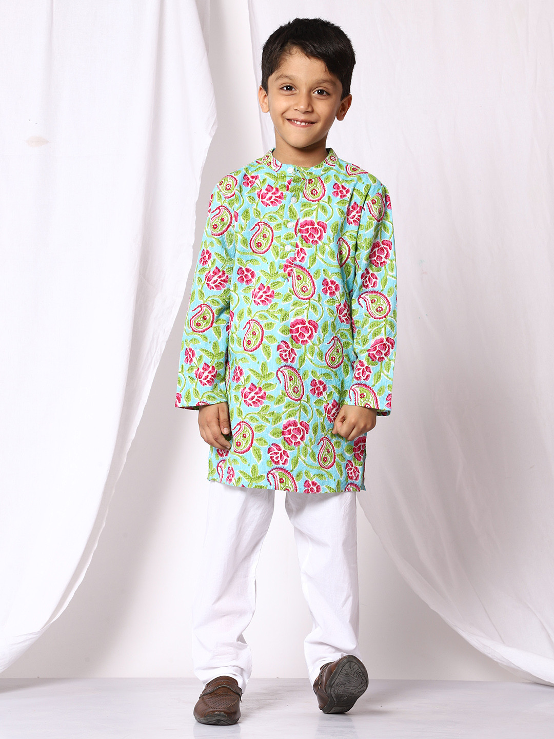 Boys Blue Ethnic Printed Kurta with Pyjamas