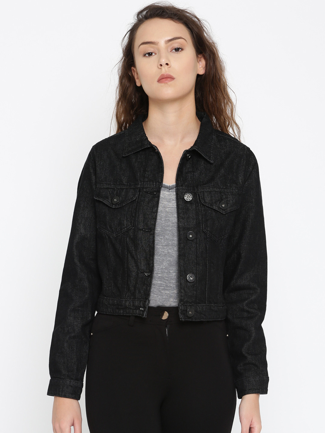 Buy People Women Black Solid Denim Jacket Jackets for Women 2286283