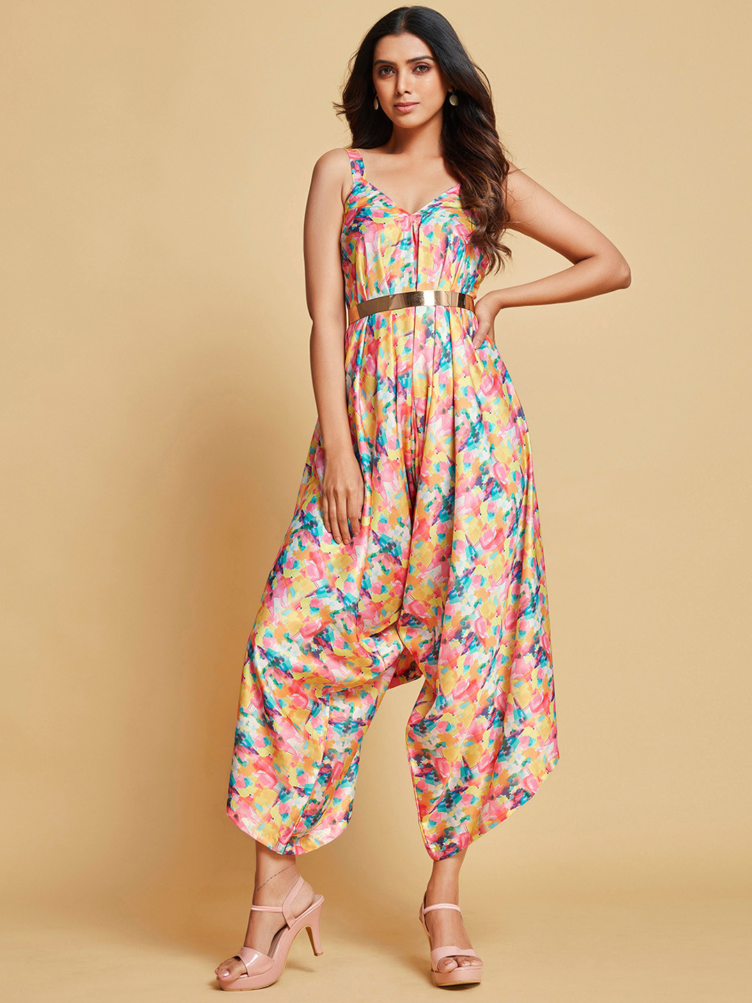 Buy Ishin Pink & Yellow Printed Basic Jumpsuit With Jacket Jumpsuit