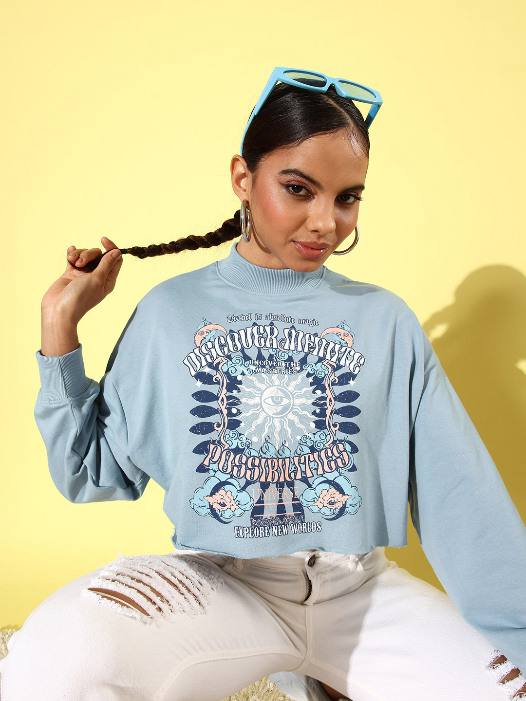 Printed Crop Sweatshirt for Women | Stylish Pink Hoodie for Casual Wear