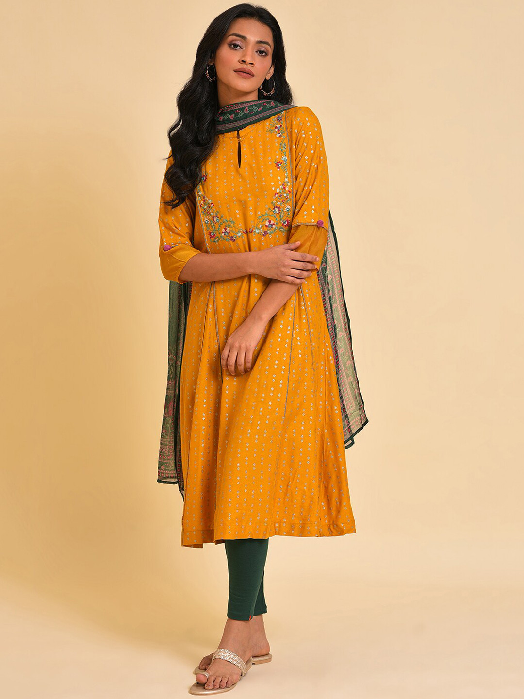 Lime Yellow Embroidered Kurta, Tights And Dupatta Set