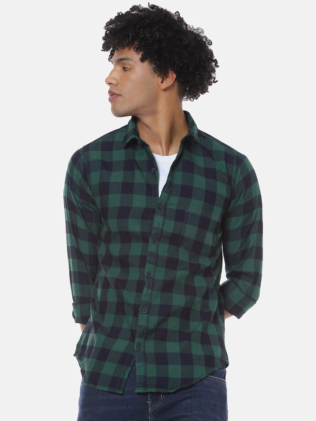 Men's Green Striped Spread Collar Casual Shirt