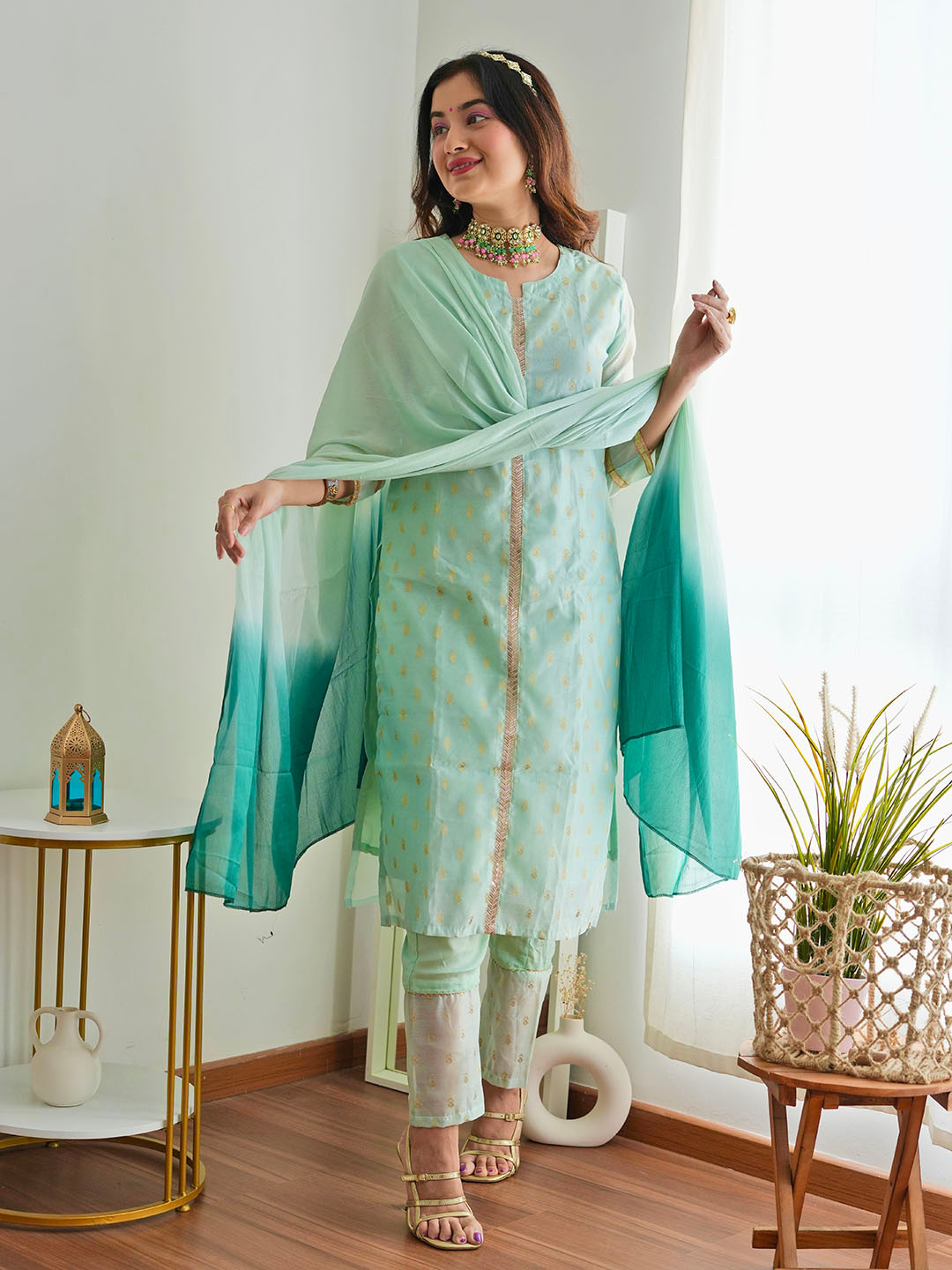 Green Woven Design Chanderi Silk Kurta with Palazzos & Dupatta