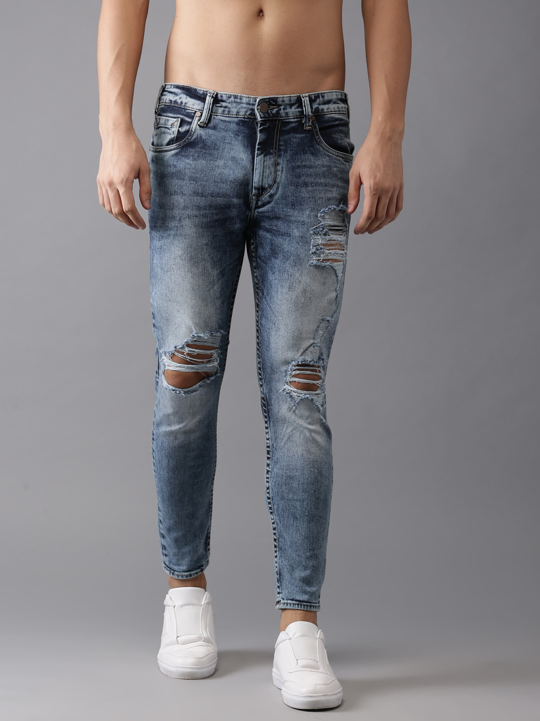 Buy HERE&NOW Men Blue Tapered Fit Cropped Mid Rise Highly Distressed