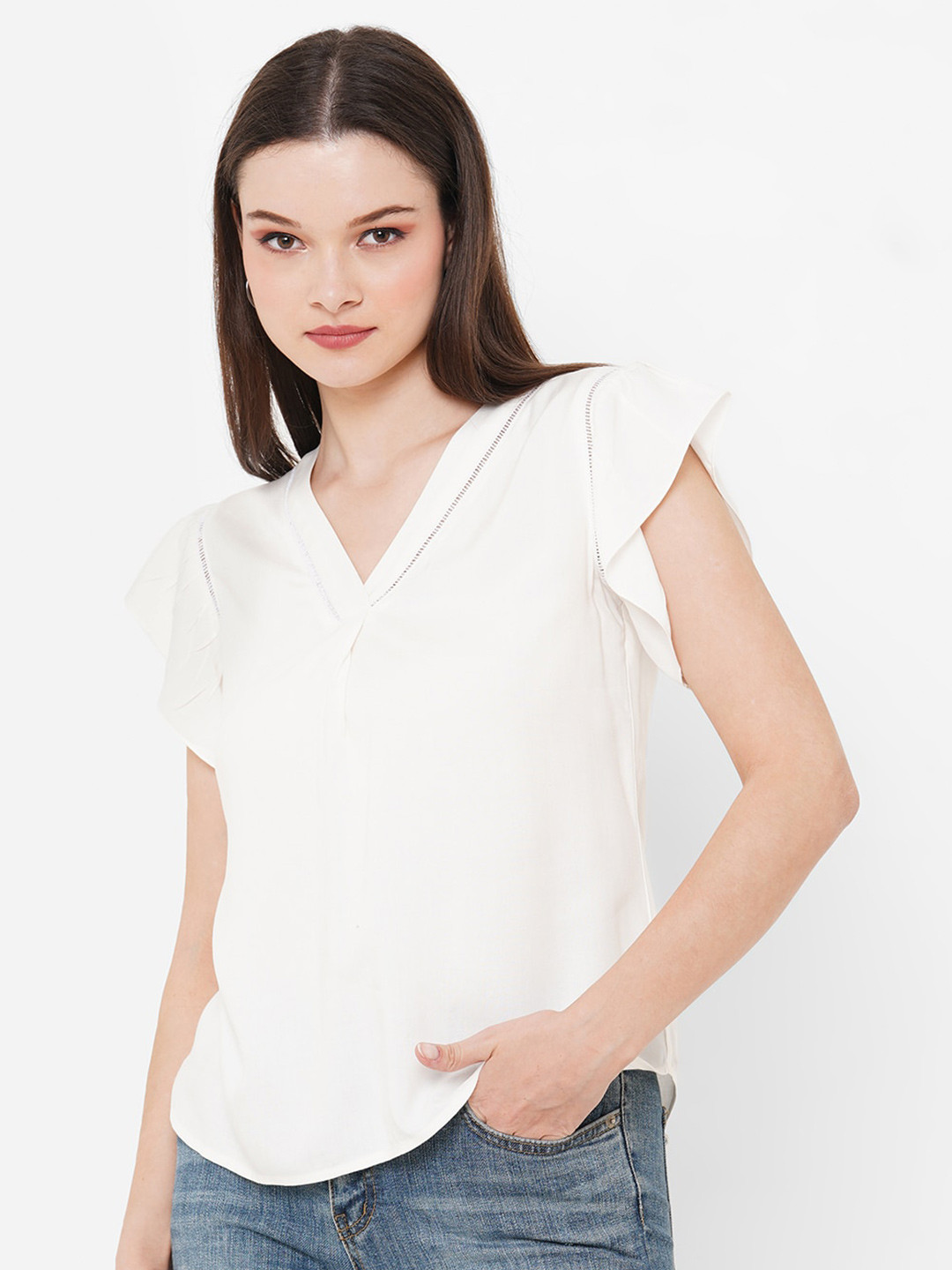 Buy MISH White V Neck Flutter Sleeves Top Tops For Women 22894574 buy-mish-white-v-neck-flutter-sleeves-top-tops-for-women-22894574