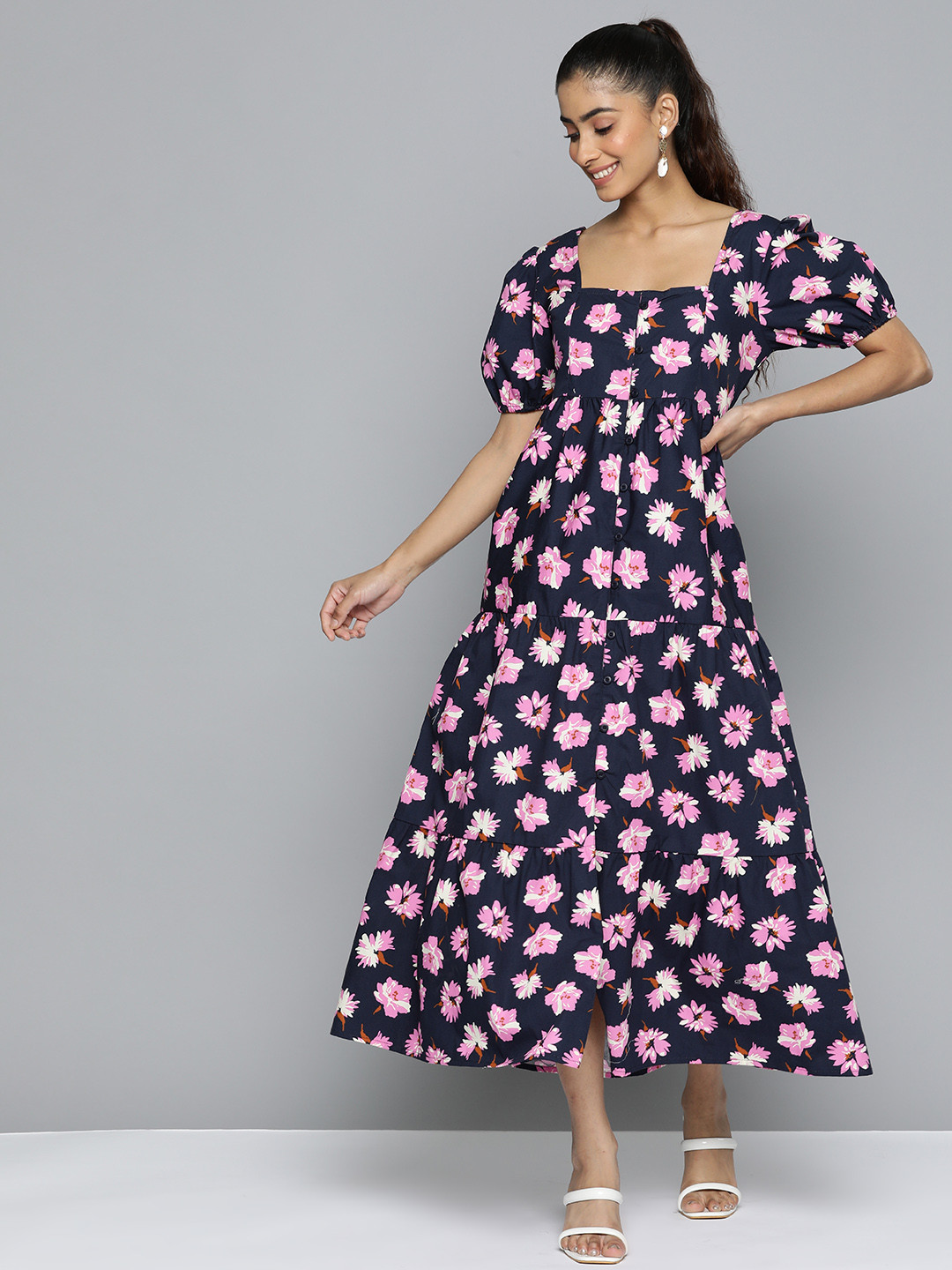 Buy HERE&NOW Floral Print Puff Sleeves A Line Maxi Dress - Dresses for ...