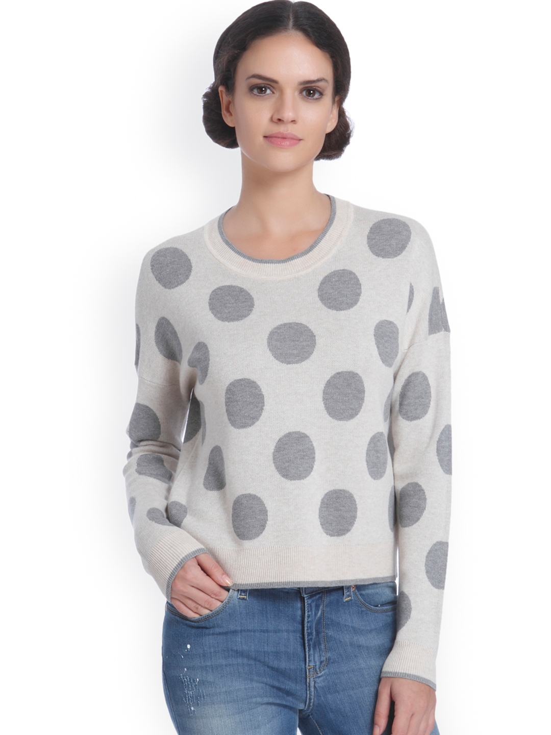 Buy ONLY Women Beige & Grey Self Design Pullover - Sweaters for Women ...